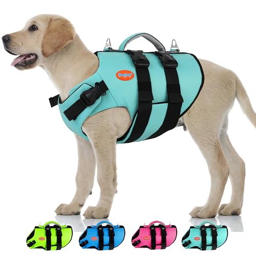 Dog Life Jacket Neoprene, High Buoyancy Dog Harness Life Vest for Swimming and Boating, Adjustable Swim Vest with Rescue Handle for Small Medium Large Dogs - color: Aquagreen, size: Medium