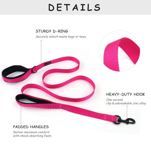 Wagtime Club Double Handle Dog Leash, 6ft Long Heavy Duty Dog Leash with Paded Traffic Handles for Extral Control and Training, Dual Handles Leads, Large Medium Small Dogs (Lively Pink) - color: Lively Pink