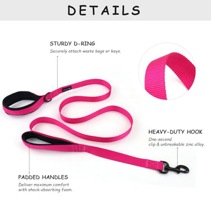 Wagtime Club Double Handle Dog Leash, 6ft Long Heavy Duty Dog Leash with Paded Traffic Handles for Extral Control and Training, Dual Handles Leads, Large Medium Small Dogs (Lively Pink) - color: Lively Pink