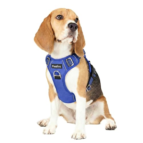 Funfox Dog Harness Medium No Pull, Adjustable 2 Clips Anti-Pull Vest with Practical Handle, Breathable Padded Pet Harness Designed for Small/Large Breeds, Reflective Training Walking Blue M - color: Blue, size: Medium