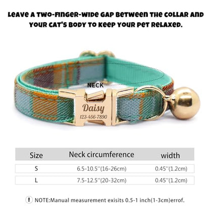 Personalized Plaid Cat Collar with Bell - Non-Breakaway Custom Polyester Kitten Collar with Engraved Name & Phone Number (Pattern 08, S (6.5-10.5 Inches)) - color: Pattern 08, size: S (6.5-10.5 Inches)