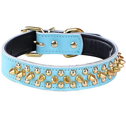 Spiked Studded Dog Collar, Soft Genuine Leather Dog Collar, Adjustable Dog Collars for Small Medium Large Dogs Breeds Pit Bull (S fit Neck 10.5-13", Light Blue) - color: Light Blue, size: S fit Neck 10.5-13"