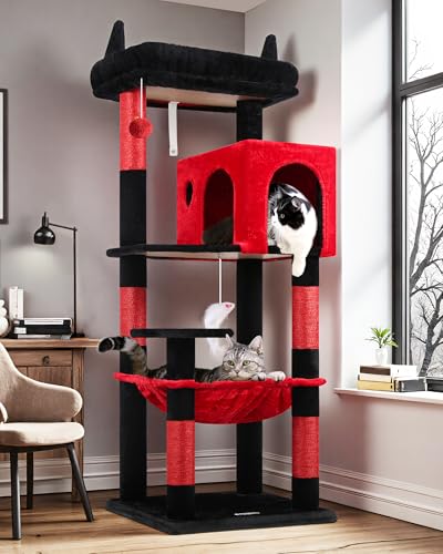Globlazer Gothic Cat Tree Tower with Scratching Post for Indoor Cats, 53inch Tall Plush Multi-Level Cat Climbing Tower Condo with Large Hammock, Spacious Cat Cave, Padded Top Perch, F53, Red Black - color: Red Black