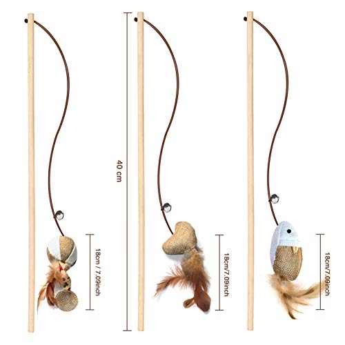 3-Piece Natural Wooden Cat Teaser Wand Toy Kit with 5 Silvervine Sticks and Elastic String Cat Pole Toy with Bell and Feather - color: Brown-3 Pcs linen style