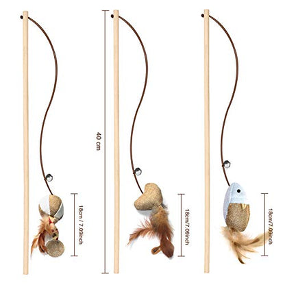 3-Piece Natural Wooden Cat Teaser Wand Toy Kit with 5 Silvervine Sticks and Elastic String Cat Pole Toy with Bell and Feather - color: Brown-3 Pcs linen style