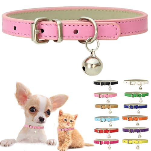 Pink XS Dog Collar with Bell, Soft Pu Leather Cat Collars Adjustable Buckle for XXS Extra Small Medium Tiny Female Girl Pets Puppy Kitten Teacup Yorkie X-Small - color: 1Pink, size: XS for Neck 8"-10.5"