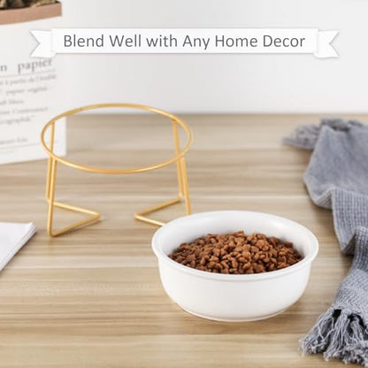 White Small Ceramic Tilted Elevated Cat Dog Bowl Raised Cat Food Water Bowl Dish Pet Comfort Feeding Bowls with Gold Iron Stand - color: White, size: Small