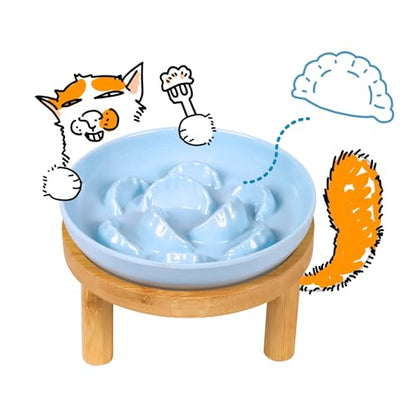 Slow Feeder Bowl, 6.3″ Elevated Cat Bowl with Stand, Melamine Wide Shallow Food Bowl, Whisker-Friendly Raised Plate, Wet Food Feeder for Slow Eating (Blue) - color: Blue, size: 1 Pack with Stand - 6.3''W x 1.5''H