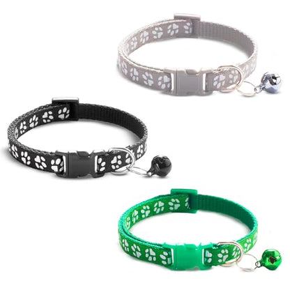 Vila Cat Collar with Bell, Reflective Adjustable Kitten Collar 7.5–12.5 Inches, Breakaway Safety Buckle, Lightweight Nylon Collar for Cats & Small Pets, 3-Pack (Green, Gray, Black)