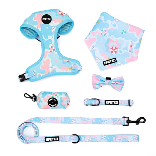 Small Dog Harness and Leash Set of 6, No Pull Soft Lightweight Mesh Puppy Harness， Adjustable Cute Floral Pattern Pet Harness for Small Medium Dogs (Blue Sea, XS) - color: Blue Sea, size: Xs