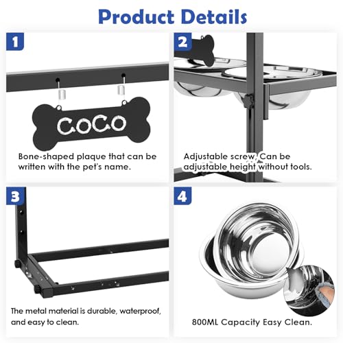 Elevated Dog Bowls for Medium and Small Dogs, 5 Height Adjustable & 2 Stainless Steel Bowls 800ml/27oz, Raised Food Dog Water Stand - color: Metal 27oz Bowls, size: Small dogs