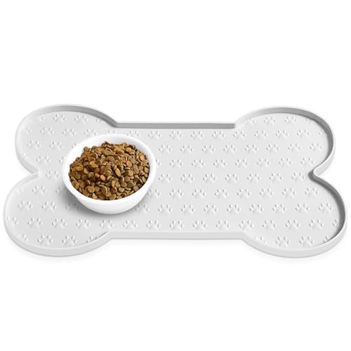 PWTAA Dog Food Mat Anti-Slip Silicone Dog Bowl Mat Thicker Pet Placemat Waterproof Cat Feeder Pad with Raised Edge Puppy Kitten Feeding Mats Suitable Small Medium-Sized Dogs Cats Eating Tray - color: White, size: 19.4" x 9.8"