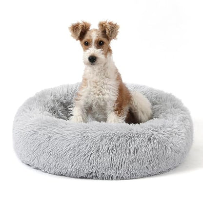 Calming Donut Dog Bed for Small to Medium Dogs & Cats - Plush Faux Fur Anti-Anxiety Pet Bed with Machine Washable Cover & Non-Slip Base - color: Light gray, size: Small 19.6''