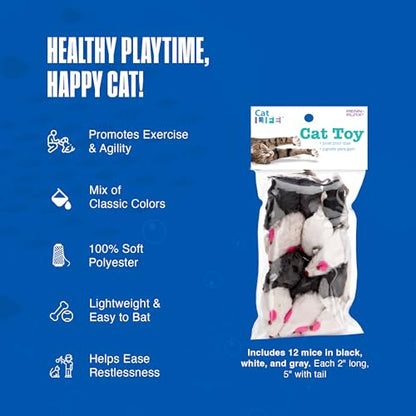 Penn-Plax Play Fur Mice Cat Toys, 12 Pack - Soft Polyester with Rattling Sound for Interactive Play, Exercise & Hunting - Lightweight Cat Toy Set for All Ages & Breeds - Black, White & Gray - 2 Inches