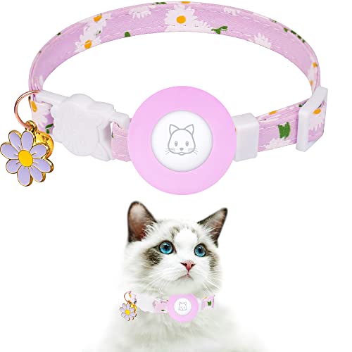 Airtag Cat Collar, JXFUKAL Kitten Collar Breakaway with Silicone Airtag Holder, Bells & Flower Charm for Girl Cats Boy Cats Small Dogs(Purple) - color: Purple