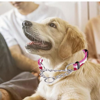 Martingale Dog Collars with Stainless Steel Chain, Reflective No Pull Walking Training Collar with Quick Release Buckle, Adjustable Slip Chain Nylon Dog Collars for Small Medium Large Dogs - color: Pink and white, size: Large