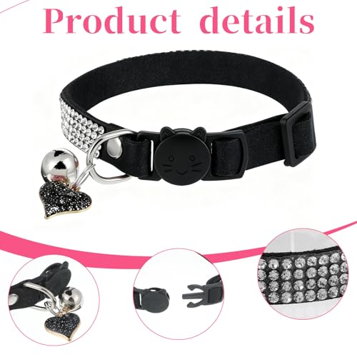 2 Pack Rhinestone Kitten Collar with Bell, Cat Collar with Rhinestone Bell, Adjustable Soft Fancy Bling Safety Cute Comfy Diamond Collars for Tiny Cats, Small Dogs, Rabbits (Pink, Black)