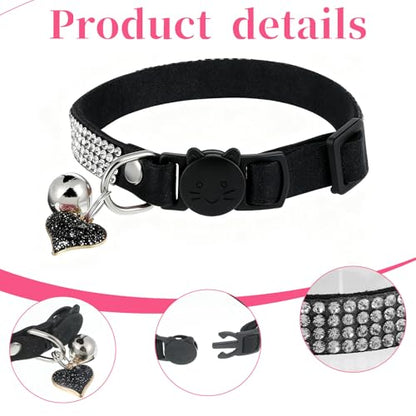 2 Pack Rhinestone Kitten Collar with Bell, Cat Collar with Rhinestone Bell, Adjustable Soft Fancy Bling Safety Cute Comfy Diamond Collars for Tiny Cats, Small Dogs, Rabbits (Pink, Black)