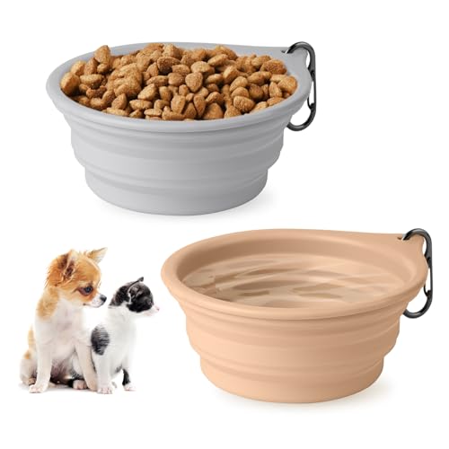 Dog Bowl Pet Travel Collapsible Bowls 2 Pack, Portable Foldable Cats Dogs Water Dish Puppy Bowl for Walking Parking Traveling, Silicone One-Piece Molded Rim No Fall Off or Crack BPA Free - color: Light grey + khaki