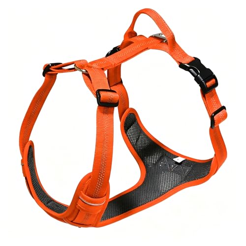 No Pull Dog Harness for Medium Dogs, Adjustable, Reflective Breathable Padded Vest with 2 Metal Leash Clips and Handle for Control or Car Seatbelt Use, Orange, M - color: Orange, size: M
