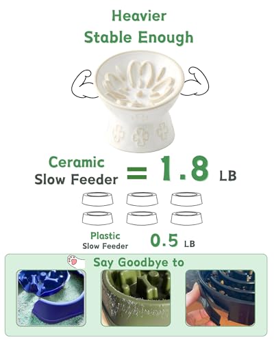 Ceramic Slow Feeder Cat Bowl, 15° Tilted Elevated Cat Slow Eating Bowl for Neck Protection, Anti Vomiting Dog Slow Feeder, Whisker Friendly & No Black Chin for Cats and Small Dogs, Jun Blanc - color: 03-Jun Blanc