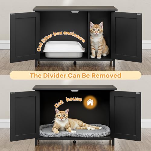 Shintenchi Cat Litter Box Enclosure, Litter Box Furniture Hidden with Removable Divider, Cat House with End Table, Black, 31.5 inch - color: Black