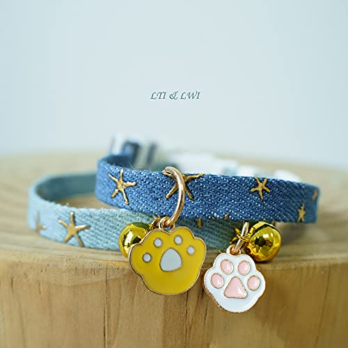 2 Pack Denim Breakaway Cat Collars with Bell Cat Paw Pendant Kitty Kitten Collars Blue Collar for Female Girl Cats Male Boy Cats Star Print - color: Blue