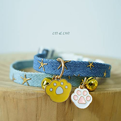 2 Pack Denim Breakaway Cat Collars with Bell Cat Paw Pendant Kitty Kitten Collars Blue Collar for Female Girl Cats Male Boy Cats Star Print - color: Blue