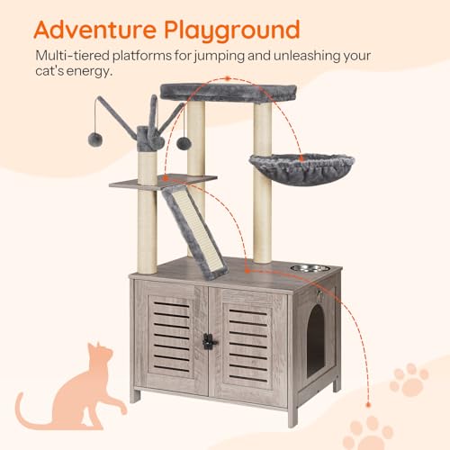 HOOBRO Cat Tree with Litter Box Enclosure, 44" Tall Wooden Cat Tower with Scratching Posts, Cat Hammock, Hidden Litter Box Furniture, All-in-One Indoor Cat Condo, Greige BG48MZ03 - color: Greige