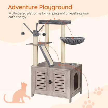 HOOBRO Cat Tree with Litter Box Enclosure, 44" Tall Wooden Cat Tower with Scratching Posts, Cat Hammock, Hidden Litter Box Furniture, All-in-One Indoor Cat Condo, Greige BG48MZ03 - color: Greige