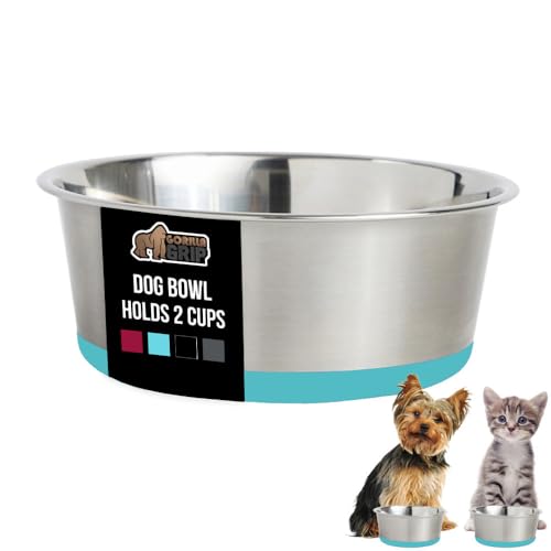GORILLA GRIP Dog Bowl, Holds 2 Cups (16 fl oz), Food Grade 304 Stainless Steel Food and Water Bowl for Feeding Dogs and Cats, BPA Free Rubber Base, Easy Clean, Dishwasher Safe Rust Resistant Turquoise - color: Turquoise, size: 2 Cup (16 Oz)