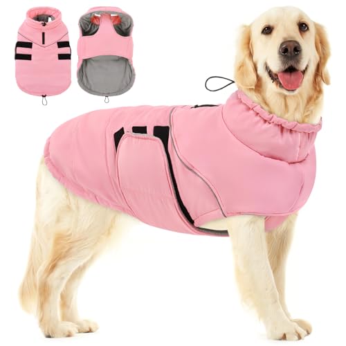 Peferhouse Extra-Large Dog Winter Coat, Warm Pink XL Reflective Jacket with Harness Hole - color: Pink, size: X-Large