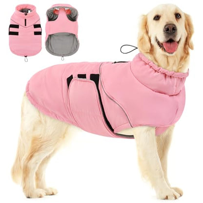 Peferhouse Extra-Large Dog Winter Coat, Warm Pink XL Reflective Jacket with Harness Hole - color: Pink, size: X-Large