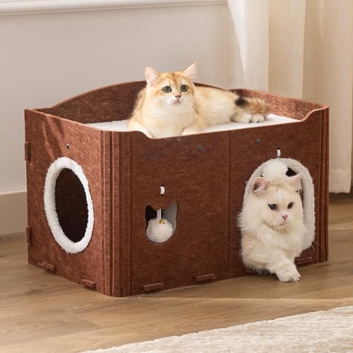 Joydeco Cat House for Indoor Cats, Extra Wide Scratch Resistant Felt Cat Condo, Hideaway Pet Cave Bed with Fluffy Ball and Tunnel for Kitten, Small Dogs, Rabbits, 22.4 x 13.7 x 14.9, Coffee - color: Coffee, size: Extra Widen