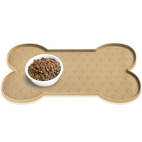 PWTAA Dog Food Mat Anti-Slip Silicone Dog Bowl Mat Thicker Pet Placemat Waterproof Cat Feeder Pad with Raised Edge Puppy Kitten Feeding Mats Suitable Small Medium-Sized Dogs Cats Eating Tray - color: Khaki, size: 19.4" x 9.8"