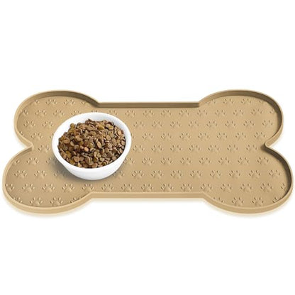 PWTAA Dog Food Mat Anti-Slip Silicone Dog Bowl Mat Thicker Pet Placemat Waterproof Cat Feeder Pad with Raised Edge Puppy Kitten Feeding Mats Suitable Small Medium-Sized Dogs Cats Eating Tray - color: Khaki, size: 19.4" x 9.8"