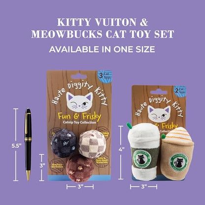 Haute Diggity Kitty Vuiton Checker Balls + Meowbucks Catpuccino Set, Plush Cat Toys Catnip Filled with Interactive Crackle Sound, Safe & Durable Toys for Cat & Kitten, 5 Pcs - style: Kitty Vuiton Checker Balls + Meowbucks Catpuccino