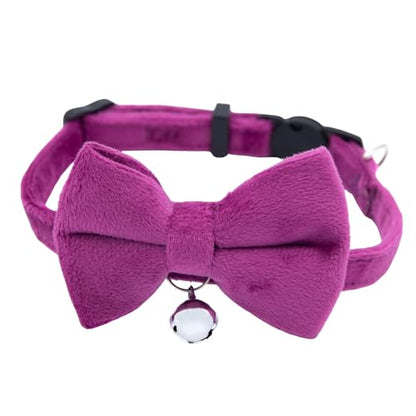 Velvet Bowtie Cat Collar with Bell – Adjustable Breakaway Purple Cat Collar for Adult Cats (7–11 in) - color: Purple