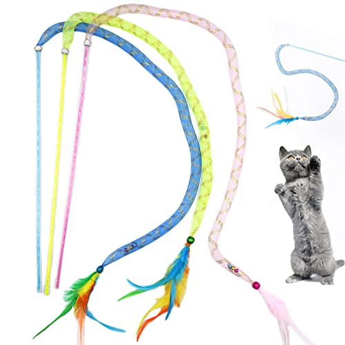 IUHKBH Cat Wands, 3 PCS Soft Line Tube Teaser Wands Colorful Feather Wands with Bell Interactive Cat Toys