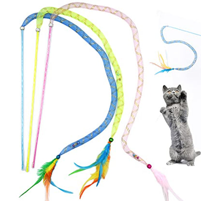 IUHKBH Cat Wands, 3 PCS Soft Line Tube Teaser Wands Colorful Feather Wands with Bell Interactive Cat Toys