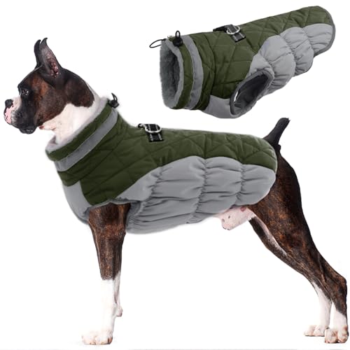 Lelepet Dog Coat Warm Dog Winter Coat Waterproof Dogs Jacket with Harness Built in Reflective Pet Fleece Vest Zip-Up Cold Weather Coats for Large Dogs Turtleneck Windproof Boston Terrier Army Green L - color: Army Green, size: Large