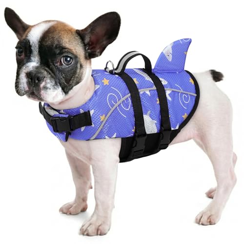 Queenmore Dog Life Jacket XS, Extra Small Dog Life Vest for Swimming Boating, Lightweight Dog Shark Life Jacket with Rescue Handle/Leash Hook/Reflective Strips - color: 2#-BluePrint, size: X-Small