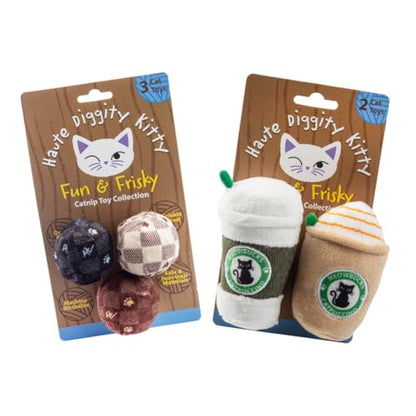 Haute Diggity Kitty Vuiton Checker Balls + Meowbucks Catpuccino Set, Plush Cat Toys Catnip Filled with Interactive Crackle Sound, Safe & Durable Toys for Cat & Kitten, 5 Pcs - style: Kitty Vuiton Checker Balls + Meowbucks Catpuccino