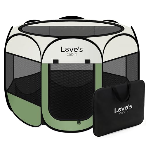 Love's cabin Pet Puppy Dog Playpen, Large Dog Tent Crates Cage Indoor/Outdoor, Portable Playpen for Cat, Foldable Pop Up Dog Kennel Playpen with Carring Case, Removable Zipper Top, Olive Green - color: Olive green, size: 38.0"L x 38.0"W x 23.0"H