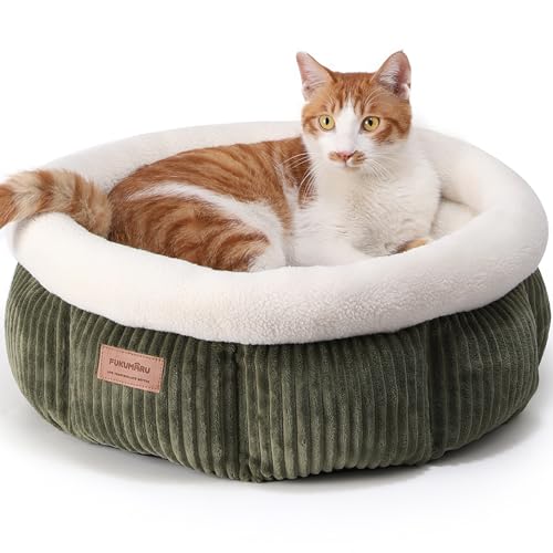 FUKUMARU Cat Bed, Corduroy Round Cat Beds for Indoor Cats, Washable Fluffy Pet Bed for Cats and Puppy, Soft Cute Small Dog Beds, Green - color: Green