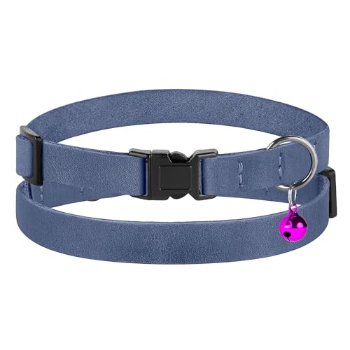 Breakaway Cat Collar Leather with Removable Bell - 13 Colors Available - Soft Adjustable Girl Boy Safety Lightweight Pet Kitten Collars Pink Brown Blue Green Red Orange Black (Denim) - color: Denim