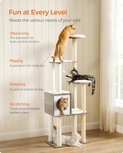 Feandrea Cat Tree, 64.6-Inch Modern Cat Tower, Multi-Level Condo with 5 Scratching Posts, Perch, Washable Removable Cushions, Cave, Heather Greige UPCT166G01 - color: Heather Greige