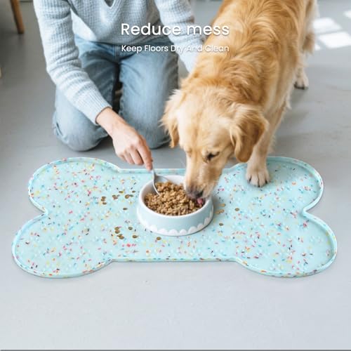 PWTAA Dog Food Mat Anti-Slip Silicone Dog Bowl Mat Thicker Pet Placemat Waterproof Cat Feeder Pad with Raised Edge Puppy Kitten Feeding Mats Suitable Small Medium-Sized Dogs Cats Eating Tray - color: Donut Blue, size: 19.4" x 9.8"