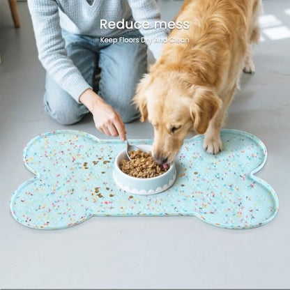 PWTAA Dog Food Mat Anti-Slip Silicone Dog Bowl Mat Thicker Pet Placemat Waterproof Cat Feeder Pad with Raised Edge Puppy Kitten Feeding Mats Suitable Small Medium-Sized Dogs Cats Eating Tray - color: Donut Blue, size: 19.4" x 9.8"