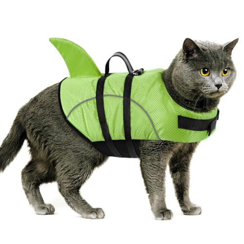 Queenmore Small Dog Life Jacket XXS, Puppy Life Jackets for Small Dogs, Little Dog Life Vest for Swimming/Boating, Cat Life Jacket/Life Vest, Lightweight Shark Pet Water Vest with Handle/Leash Hook - color: Green, size: XX-Small